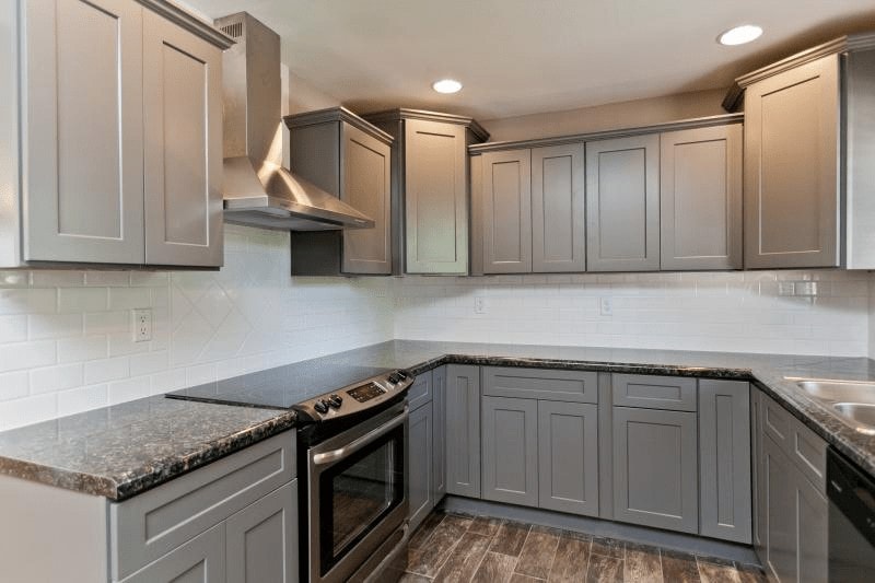 Gray Cabinets with Black Countertops